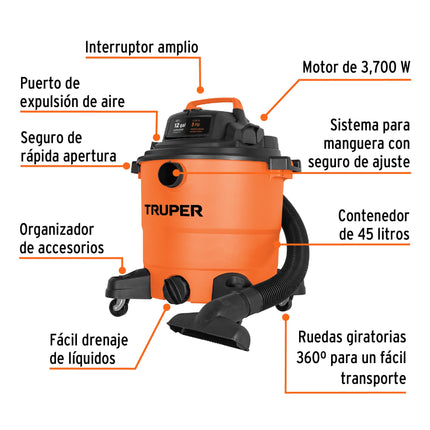Aspiradora de sólidos y líquidos, 12 gal, plástica, TRUPER | ASP-12 | 101509