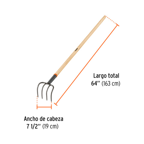 Cultivador forjado, 5 dientes, mango de madera 60', TRUPER | CUL-5 | 101543