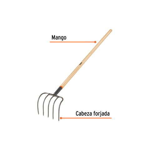 Cultivador forjado, 5 dientes, mango de madera 60', TRUPER | CUL-5 | 101543