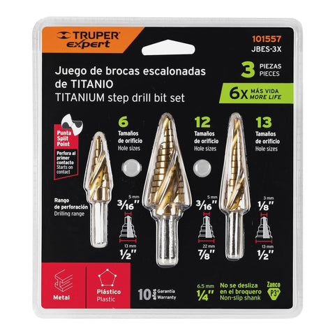 Juego de 3 brocas escalonadas de titanio, Truper Expert | JBES-3X | 101557