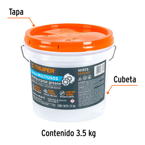 Grasa lubricante multiusos, base litio, 3.5 kg, Truper | GRAS-350 | 101573