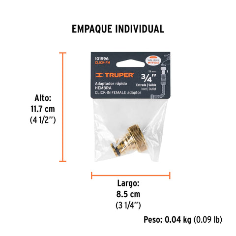 Conector 3/4' rápido hembra de latón, sistema click, Truper | CLICK-FM | 101596
