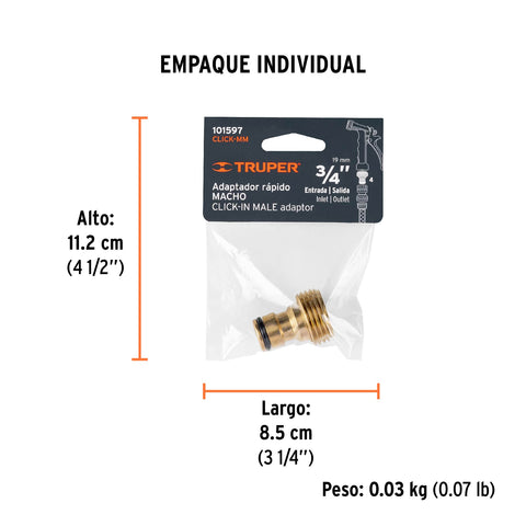 Conector 3/4' rápido macho de latón, sistema click, Truper | CLICK-MM | 101597