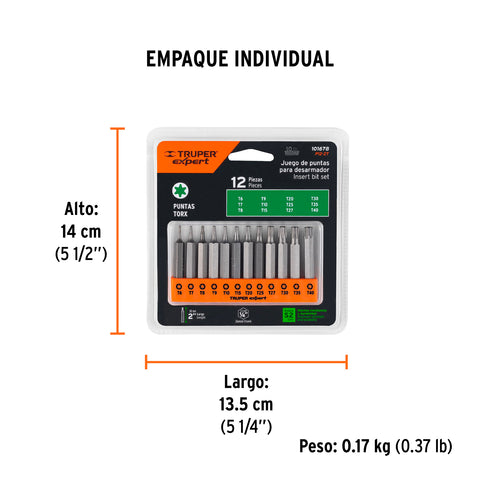 Juego de 12 puntas torx combinadas largo 2', Truper Expert | P12-2T | 101678