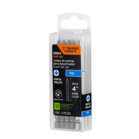Estuche con 5 puntas de cruz PH1 largo 4', Truper Expert | PUDE-1401 | 101824