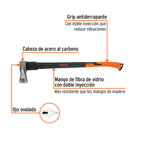 Hacha para rajar madera 4.5 lb, mango fibra de vidrio 34' | TJR-4.5F | 102085