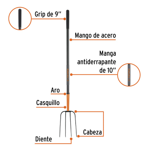 Bieldo para paja, 4 dientes, mgo largo de acero 48' TRUPER | BPJ-4M | 102100