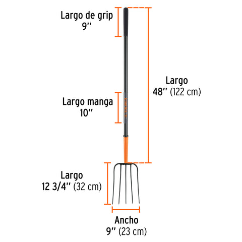 Bieldo para paja, 5 dientes, mgo largo de acero 48' TRUPER | BPJ-5M | 102101