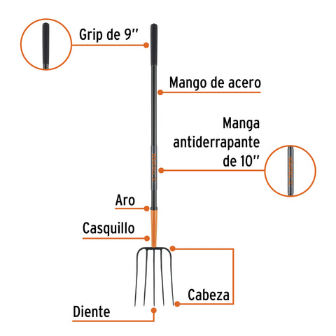 Bieldo para paja, 5 dientes, mgo largo de acero 48' TRUPER | BPJ-5M | 102101