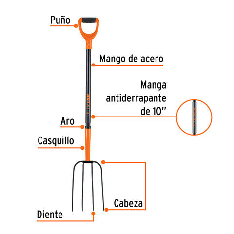 Bieldo para paja, 4 dientes, mgo de acero 37',puño'Y' TRUPER | BPJ-4MC | 102113