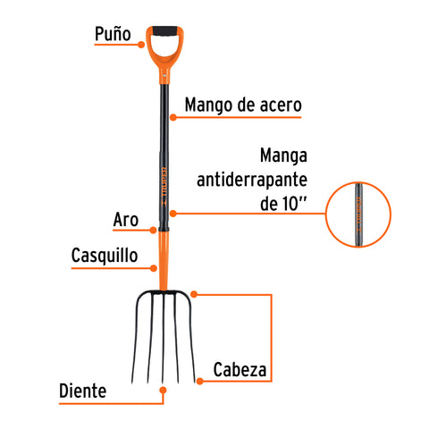 Bieldo para paja, 5 dientes, mgo de acero 37',puño'Y' TRUPER | BPJ-5MC | 102114