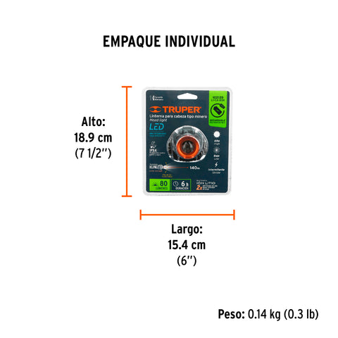 Linterna de minero LED 80 lm, recargable, TRUPER EXPERT | LI-CA-80R | 102129