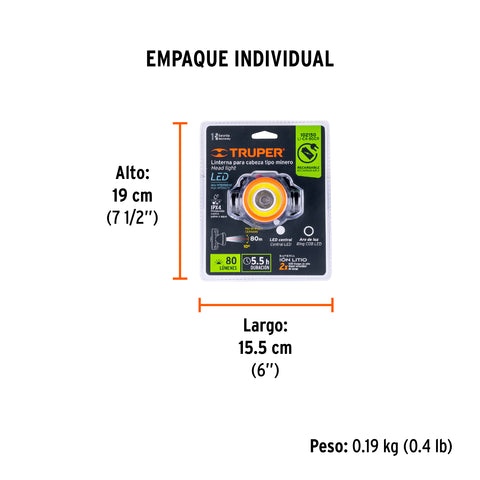 Linterna de minero LED 80 lm, recargable, TRUPER | LI-CA-80CR | 102150