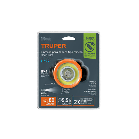 Linterna de minero LED 80 lm, recargable, TRUPER | LI-CA-80CR | 102150