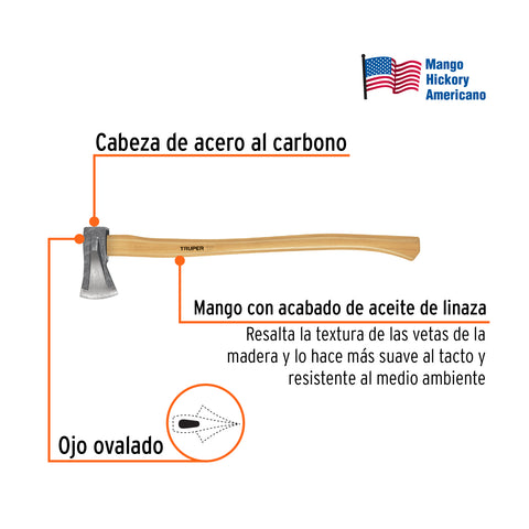 Hacha para rajar madera 2-1/4 lb, mango hickory 28', Truper | TJR-2.25M | 102207