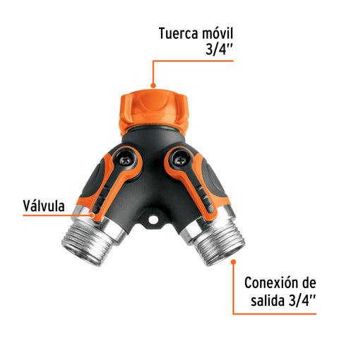 Conector 'Y' 3/4' metálico con recubrimiento para manguera | AD-2R | 102248