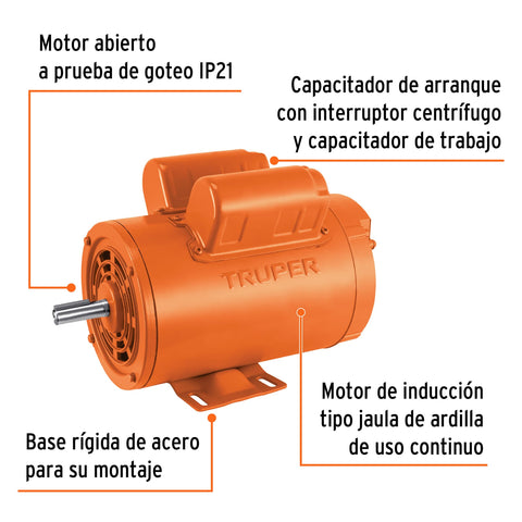 Motor eléctrico monofásico de 2 HP, baja velocidad, Truper | MOE-2B | 102307