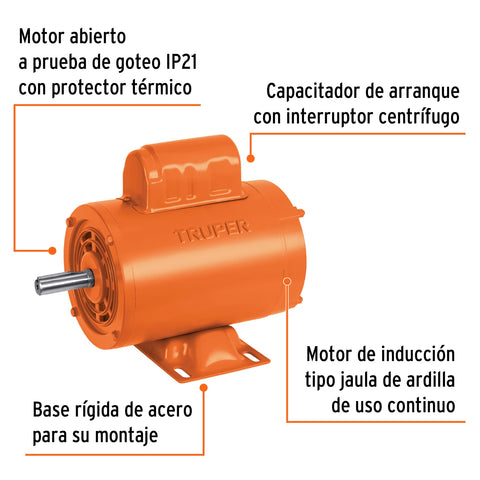 Motor eléctrico monofásico de 1/2 HP, alta velocidad, Truper | MOE-1/2A | 102309