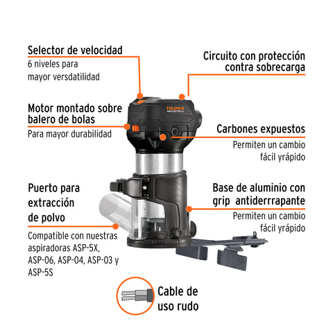 Router (Rebajadora) compacto 710W, 3/4 HP, TRUPER INDUSTRIAL | ROU-MN | 102315