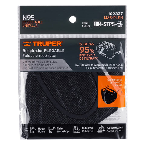 Respirador plegable N95 negro para polvos y partículas | MAS-PLEN | 102327