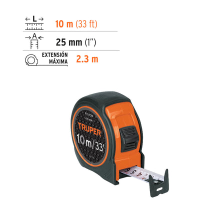 Flexómetro compacto contra impactos 10 m cinta 25 mm, TRUPER | FCG-10M | 102332