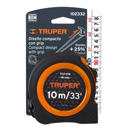 Flexómetro compacto contra impactos 10 m cinta 25 mm, TRUPER | FCG-10M | 102332