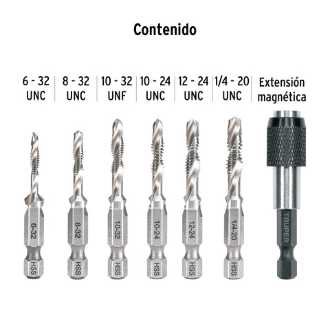 Juego de 6 brocas HSS con machuelo para metal, Truper | JBMT-6 | 102335