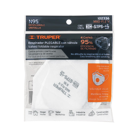 Respirador plegable N95 con válvula para partículas, Truper | MAS-PLE-V | 102336