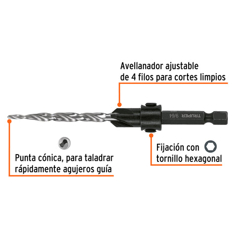 Broca avellanadora #10 para madera, 3/16', TRUPER | BAM-10 | 102377