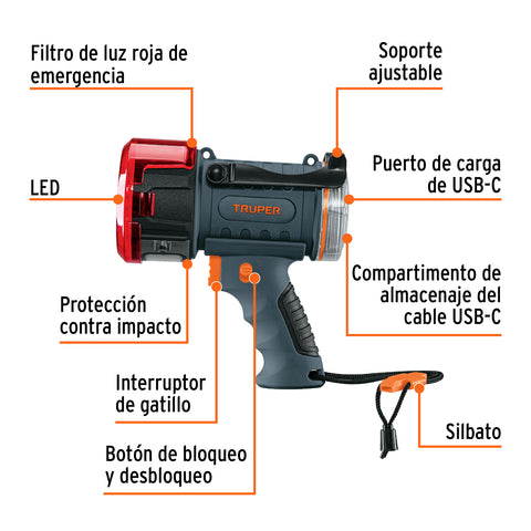 Linterna reflectora LED 900 lm, recargable, TRUPER | LARE-900 | 102404