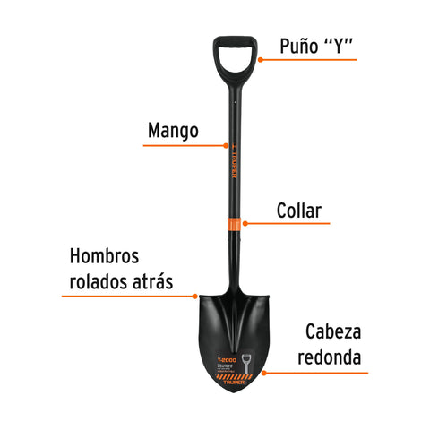 Pala redonda T-2000, puño 'Y' mango fibra de vidrio, Truper | PRY-PF | 102458
