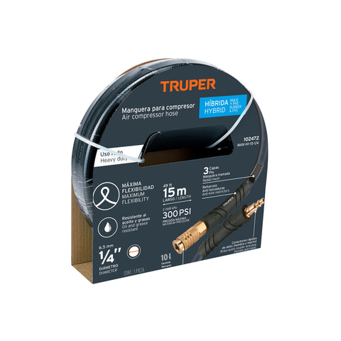 Manguera para compresor, híbrida, 15m x 1/4', Truper | MAN-HI-15-1/4 | 102472