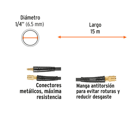 Manguera para compresor, híbrida, 15m x 1/4', Truper | MAN-HI-15-1/4 | 102472