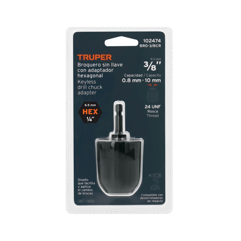 Broquero 3/8' sin llave y adaptador hexagonal 1/4', TRUPER | BRO-3/8CR | 102474