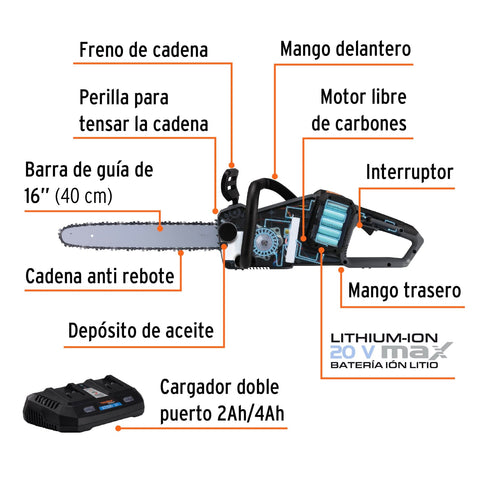 Motosierra inalámbrica 40V, sin carbones, TRUPER MAX | MAX-40M | 102491