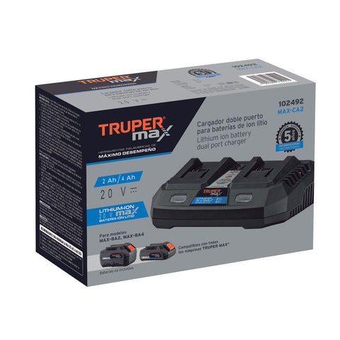 Cargador dual de baterías de ion litio 20V, TRUPER MAX | MAX-CA2 | 102492