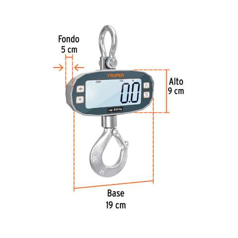 Báscula electrónica colgante, recargable, 500 kg, Truper | BASE-500C | 102543