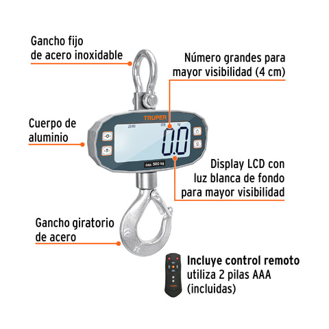 Báscula electrónica colgante, recargable, 500 kg, Truper | BASE-500C | 102543