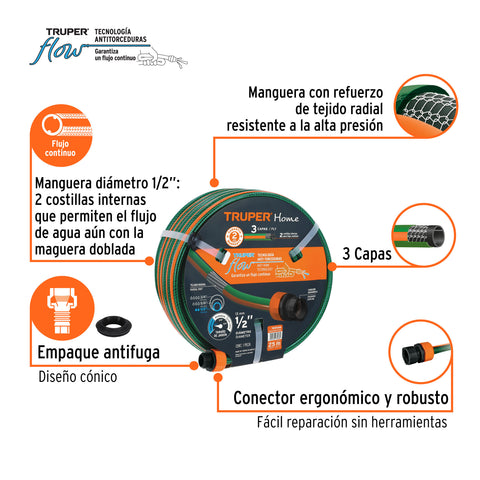 Manguera 1/2' reforzada 3 capas 25 m conexiones plásticas | MAN-25X1/2RE | 102546