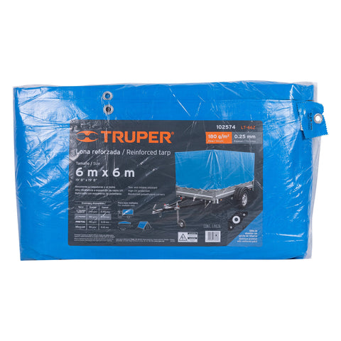 Lona de polietileno reforzada 6 x 6 m, azul, 180g/m2, TRUPER | LT-66Z | 102574