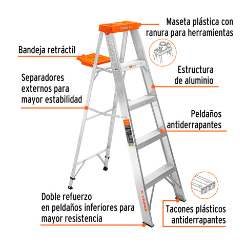 Escalera de tijera tipo ll 4 peldaños y bandeja, Truper | EST-24 | 10264