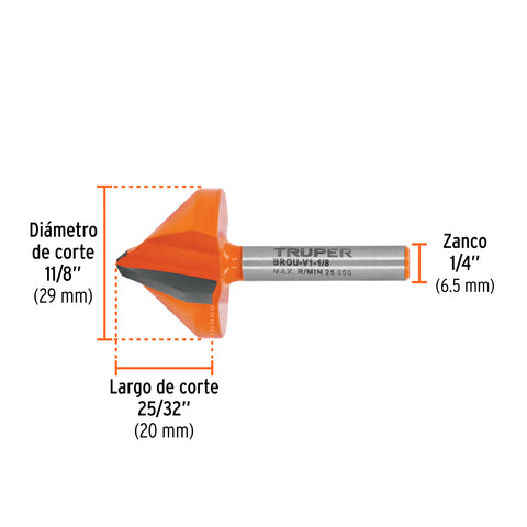 Broca para router, corte en 'V', 1-1/8', Truper | BROU-V1-1/8 | 102719