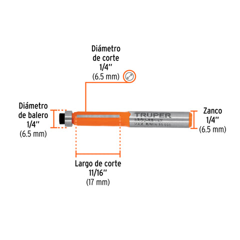 Broca para router, corte recto, 1/4' con balero, Truper | BROU-RB1/4X | 102720