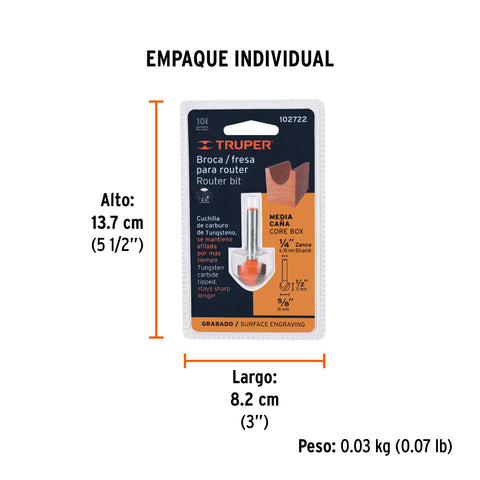 Broca para router, media caña, 5/8', Truper | BROU-MC5/8 | 102722