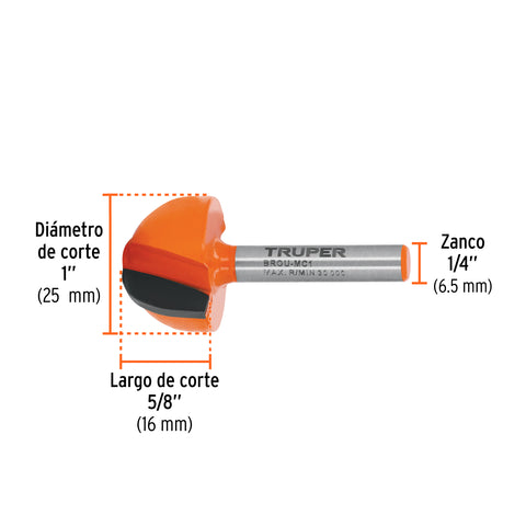Broca para router, media caña, 1', Truper | BROU-MC1 | 102723