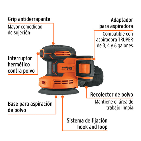 Lijadora roto-orbital 5', 20V, 1 batería 2Ah, TRUPER PRO | LIRI-20A | 102863