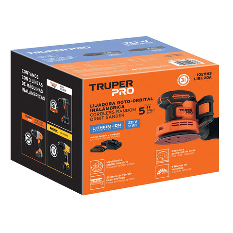 Lijadora roto-orbital 5', 20V, 1 batería 2Ah, TRUPER PRO | LIRI-20A | 102863