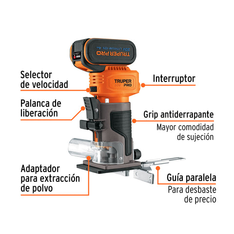 Router (Rebajadora) 1/4', 1 batería 4 Ah, TRUPER PRO | ROUI-20A | 102865