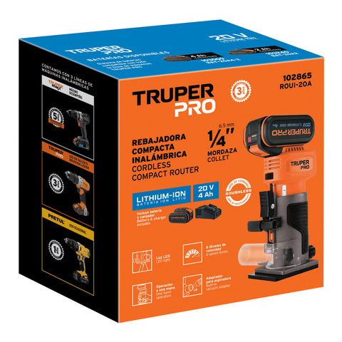 Router (Rebajadora) 1/4', 1 batería 4 Ah, TRUPER PRO | ROUI-20A | 102865