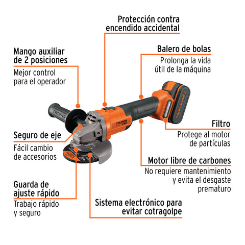 Esmeriladora 4-1/2', 20V, 1 batería 4Ah, TRUPER PRO | ESMI-20A | 102872